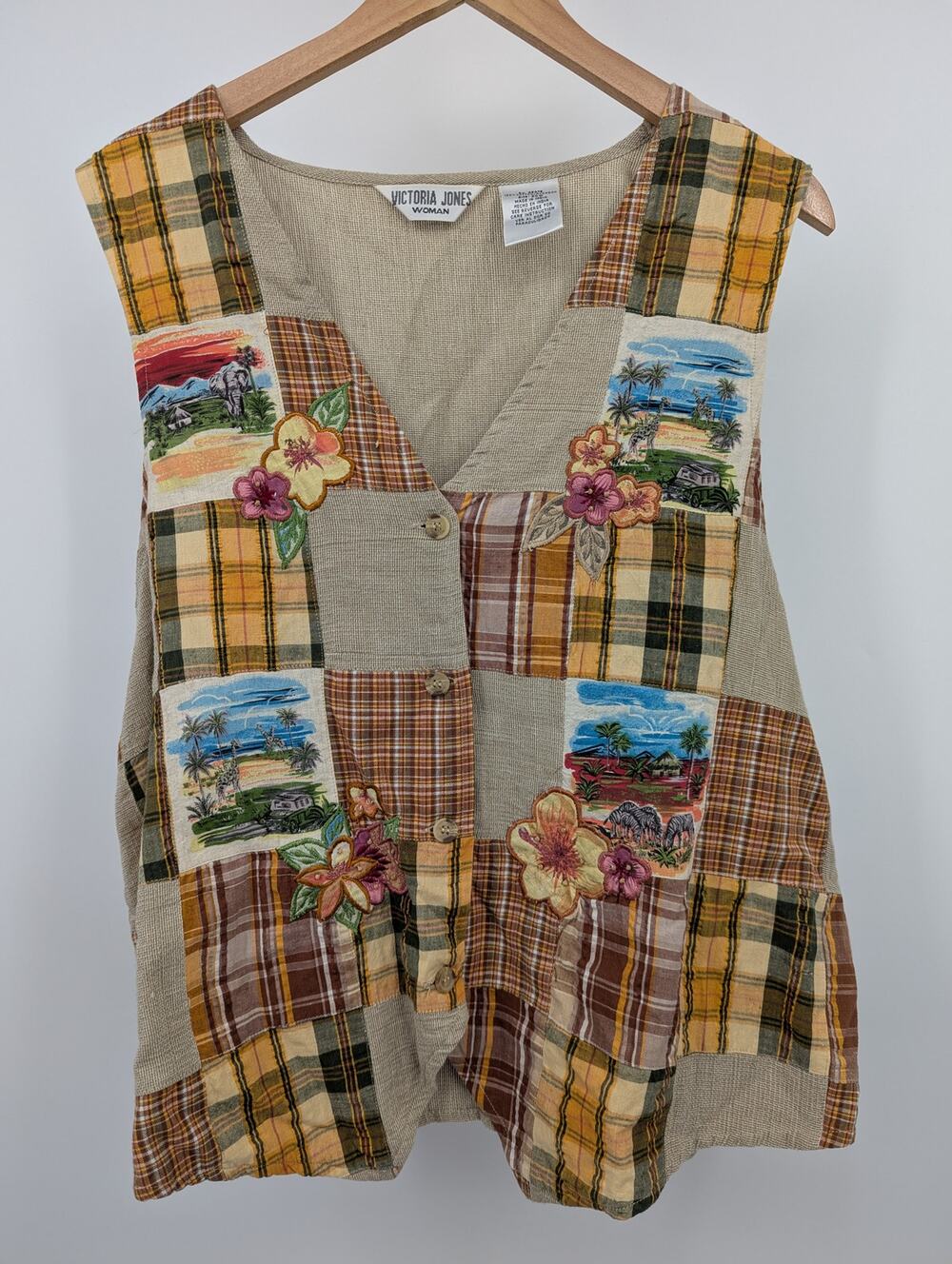 Vintage Victoria Jones Plaid Patchwork Safari Embroidered Vest Womens 20W